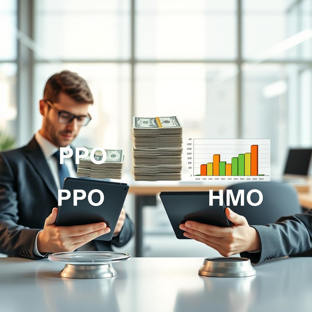 A balanced composition illustrating a cost comparison between PPO and HMO health insurance plans. In the foreground, depict a professional business analyst, dressed in smart attire, studying two distinct graphs on tablets: one representing the higher costs of PPOs and the other illustrating the lower premiums of HMOs. In the middle background, show a split scene with contrasting elements – on one side, a stack of dollar bills signifies PPO expenses, and on the other, a chart displaying HMO savings. The background features a corporate office setting with soft, natural lighting filtering through large windows, creating an informative yet engaging atmosphere. Use a slightly angled perspective to convey depth, emphasizing the professionals' concentration and the importance of the subject matter. A balanced composition illustrating a cost comparison between PPO and HMO health insurance plans. In the foreground, depict a professional business analyst, dressed in smart attire, studying two distinct graphs on tablets: one representing the higher costs of PPOs and the other illustrating the lower premiums of HMOs. In the middle background, show a split scene with contrasting elements – on one side, a stack of dollar bills signifies PPO expenses, and on the other, a chart displaying HMO savings. The background features a corporate office setting with soft, natural lighting filtering through large windows, creating an informative yet engaging atmosphere. Use a slightly angled perspective to convey depth, emphasizing the professionals' concentration and the importance of the subject matter.