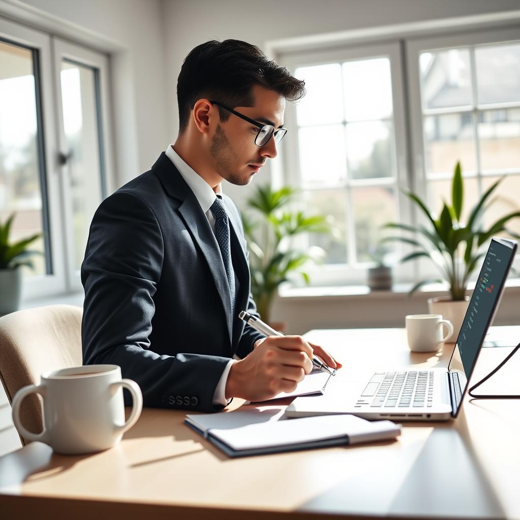 A bright and inviting home office setting, featuring a modern desk with a laptop displaying various auto insurance quotes on the screen. In the foreground, a professional-looking individual in smart business attire, thoughtfully analyzing the quotes with a pen in hand, taking notes on a notepad. The middle section includes coffee mugs and a potted plant, adding a touch of warmth. The background showcases a large window with natural light streaming in, creating a positive and productive atmosphere. The lighting is soft yet bright, enhancing focus on the desk area, while an angled shot from slightly above captures the entire scene, emphasizing a sense of action and engagement in the process of evaluating insurance options.