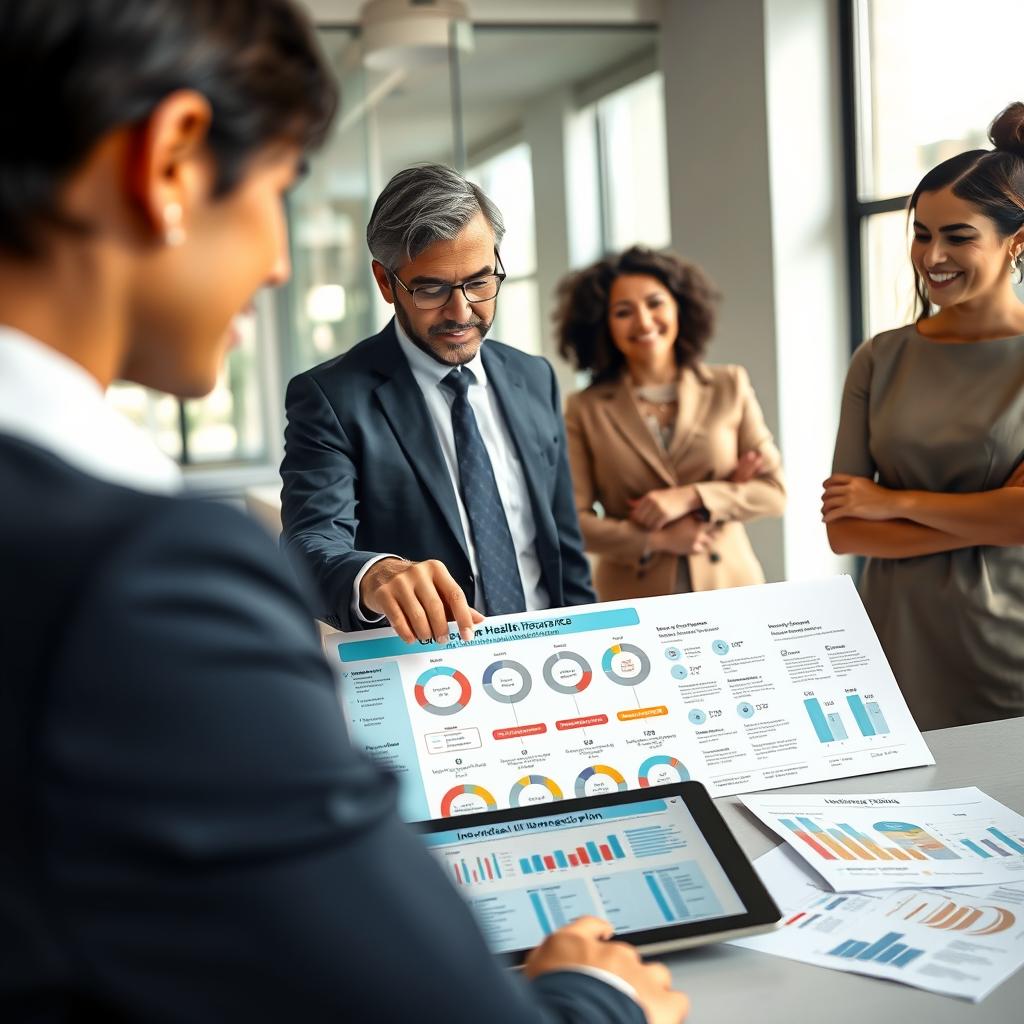 A clean and organized concept illustration of individual health insurance plans. In the foreground, feature a diverse group of three professionals in business attire (a woman in a smart blazer, a man in a tie, and another individual wearing a tailored dress) engaged in discussion, pointing at a colorful infographic detailing various types of insurance plans. The middle ground displays a digital tablet and paperwork with graphs illustrating coverage options and benefits. In the background, a softly lit modern office space conveys a professional atmosphere, with large windows allowing natural light to fill the room. The overall mood is informative and hopeful, reflecting the importance of choosing the right insurance plan.