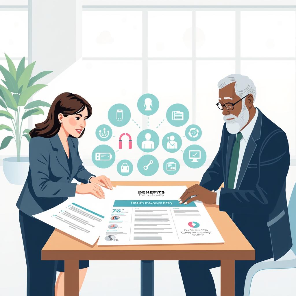 A clean and professional illustration depicting the benefits of a health insurance policy. In the foreground, show a diverse group of individuals in professional business attire, including a middle-aged Caucasian woman, a young Asian man, and a senior Black man, engaged in a discussion over a health insurance policy document spread out on a table. In the middle ground, include visual representations of benefits such as symbols for doctor visits, medication, and wellness programs, surrounded by soothing color tones of blue and green. In the background, feature a modern office setting with natural light streaming through large windows, creating an open and inviting atmosphere. Aim for a calm and informative mood, emphasizing clarity and professionalism.