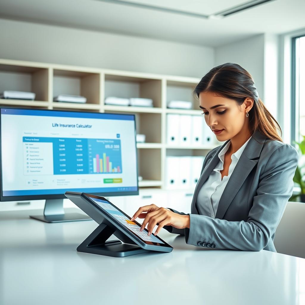 A clean, modern office setting with a life insurance quote calculator displayed on a sleek desk. In the foreground, a professional woman in business attire is focused on entering details into a digital tablet, with a thoughtful expression. The middle section features a large monitor on the desk showing a user-friendly interface of the life insurance calculator, with visually appealing graphs and figures. The background includes shelves filled with neatly organized files and a window allowing natural light to flood the room, illuminating the workspace. The atmosphere exudes professionalism and clarity, conveying a sense of trust and accuracy in calculating life insurance coverage. The lighting is bright and even, emphasizing the importance of the task at hand. A clean, modern office setting with a life insurance quote calculator displayed on a sleek desk. In the foreground, a professional woman in business attire is focused on entering details into a digital tablet, with a thoughtful expression. The middle section features a large monitor on the desk showing a user-friendly interface of the life insurance calculator, with visually appealing graphs and figures. The background includes shelves filled with neatly organized files and a window allowing natural light to flood the room, illuminating the workspace. The atmosphere exudes professionalism and clarity, conveying a sense of trust and accuracy in calculating life insurance coverage. The lighting is bright and even, emphasizing the importance of the task at hand.