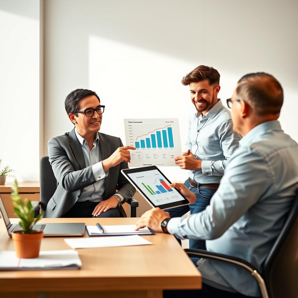 A clean, modern office space depicting a professional insurance advisor sitting at a desk, discussing lowering renters insurance premiums with a relaxed, attentive young couple in smart casual attire. The foreground features a well-organized desk with documents, a laptop, and a small plant, conveying a sense of professionalism and clarity. In the middle ground, the advisor gestures towards a chart on a tablet, illustrating cost-saving tips, while the couple listens intently, expressing hope and interest. The background reveals a large window letting in soft, natural light that gives the scene a warm and inviting atmosphere. The overall mood is optimistic and supportive, emphasizing financial empowerment and smart decision-making in rental insurance. A clean, modern office space depicting a professional insurance advisor sitting at a desk, discussing lowering renters insurance premiums with a relaxed, attentive young couple in smart casual attire. The foreground features a well-organized desk with documents, a laptop, and a small plant, conveying a sense of professionalism and clarity. In the middle ground, the advisor gestures towards a chart on a tablet, illustrating cost-saving tips, while the couple listens intently, expressing hope and interest. The background reveals a large window letting in soft, natural light that gives the scene a warm and inviting atmosphere. The overall mood is optimistic and supportive, emphasizing financial empowerment and smart decision-making in rental insurance.