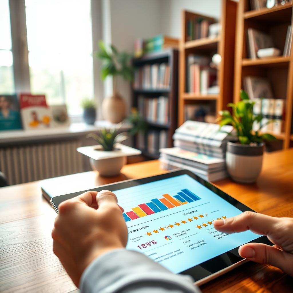 A close-up view of a digital tablet displaying colorful graphs and customer review stars, set on a wooden desk. In the foreground, a pair of hands are seen tapping the screen, showcasing an engaged user evaluating health insurance options. In the middle, a cozy office environment is illuminated with warm, natural lighting filtering through a nearby window, highlighting a potted plant and health pamphlets stacked casually beside the tablet. In the background, soft-focus elements suggest a professional setting, such as bookshelves lined with health literature. The mood is one of thoughtful consideration and satisfaction, reflecting a positive experience in customer service.