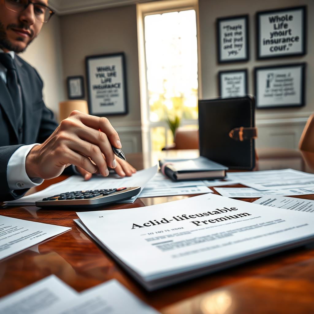 A close-up view of a polished wooden desk scattered with various whole life insurance policy documents, showcasing the term "Adjustable Premium" prominently. In the foreground, a well-dressed professional in business attire is reviewing a document with a focused expression, their hand poised with a pen above the paper. The middle area features an elegant financial calculator and a beautifully crafted leather-bound planner, symbolizing organization and foresight. In the background, soft natural light filters through a large window, casting gentle shadows and highlighting motivational financial quotes framed on the wall. The atmosphere is calm and professional, evoking a sense of trust and reliability in financial planning. The image should have a warm color palette to enhance its welcoming feel.