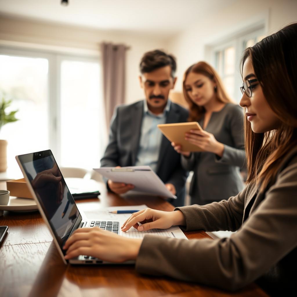 A close-up view of a professional, diverse group of people engaged in the renters insurance application process. In the foreground, a young woman in smart casual clothing is filling out an online application form on a laptop at a cozy dining table, her expression focused and thoughtful. In the middle ground, a man in a business suit is discussing details with a woman in modest professional attire, pointing to a checklist on a clipboard. The background features soft, natural lighting coming through a window, creating a warm and inviting atmosphere in a homey living space. The overall mood is collaborative and informative, emphasizing a sense of clear guidance through the application process.