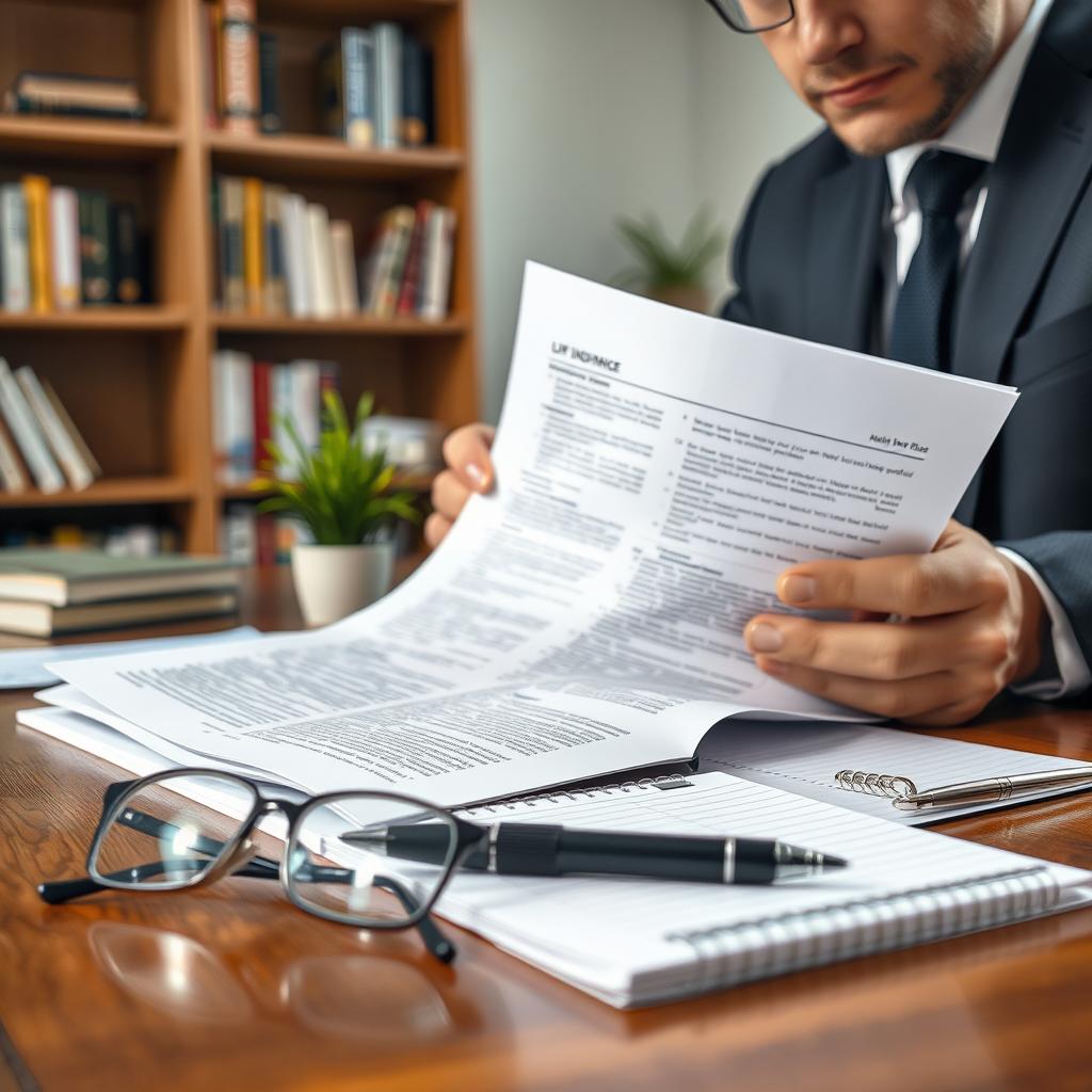 A close-up view of a professional individual, dressed in a smart business suit, deeply engaged in studying a life insurance policy document on a polished wooden desk. In the foreground, a pair of reading glasses rests beside the document, and a pen is placed on top of a notepad filled with handwritten notes. In the middle, the document is slightly open, revealing intricate terms and conditions, with highlighted sections drawing attention. In the background, soft ambient lighting creates a calm atmosphere, with bookshelves filled with financial guides and a small potted plant adding a touch of greenery. The image is shot with a shallow depth of field, focusing on the document, while the background remains softly blurred, emphasizing the subject's concentration and the complexity of understanding fine print in life insurance.