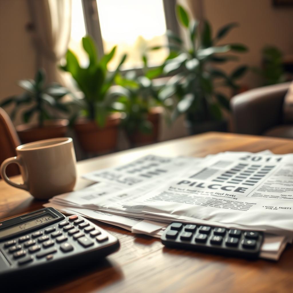 A close-up view of a stack of rental insurance policy documents spread out on a wooden table, with a calculator and a coffee mug beside them. The documents are slightly crumpled, implying frequent handling, and the calculator's display shows a typical low-cost figure representing affordable renters insurance rates. In the background, softly blurred, there are houseplants and an open window letting in warm, natural light, creating a cozy atmosphere. The mood conveys an approachable, informative setting, ideal for discussing common misconceptions about renters insurance. The focus is on the documents, with a shallow depth of field to draw attention to the elements related to budgeting and understanding insurance costs.
