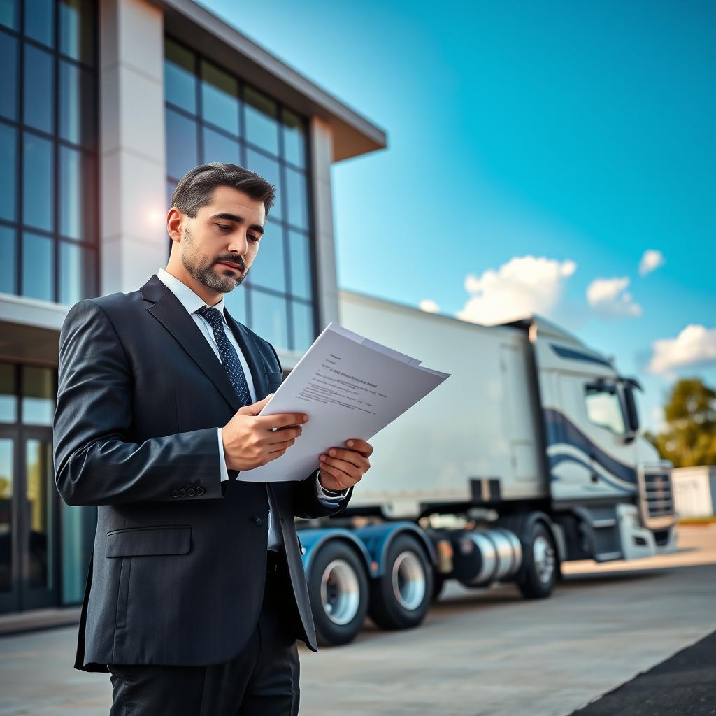 A commercial truck parked in front of a modern office building, showcasing the insurance aspect of the trucking industry. In the foreground, a professional-looking business person in a suit is reviewing legal documents on a clipboard, embodying compliance and responsibility. The middle ground features the truck with clear branding and a loading dock, emphasizing its operational role. The background consists of a bright blue sky with a few fluffy clouds, symbolizing a hopeful and secure future. Soft, natural lighting enhances the scene, with the sun casting gentle shadows to create depth. The overall mood is one of professionalism and assurance, reflecting the importance of meeting legal requirements in the United States for commercial auto insurance.