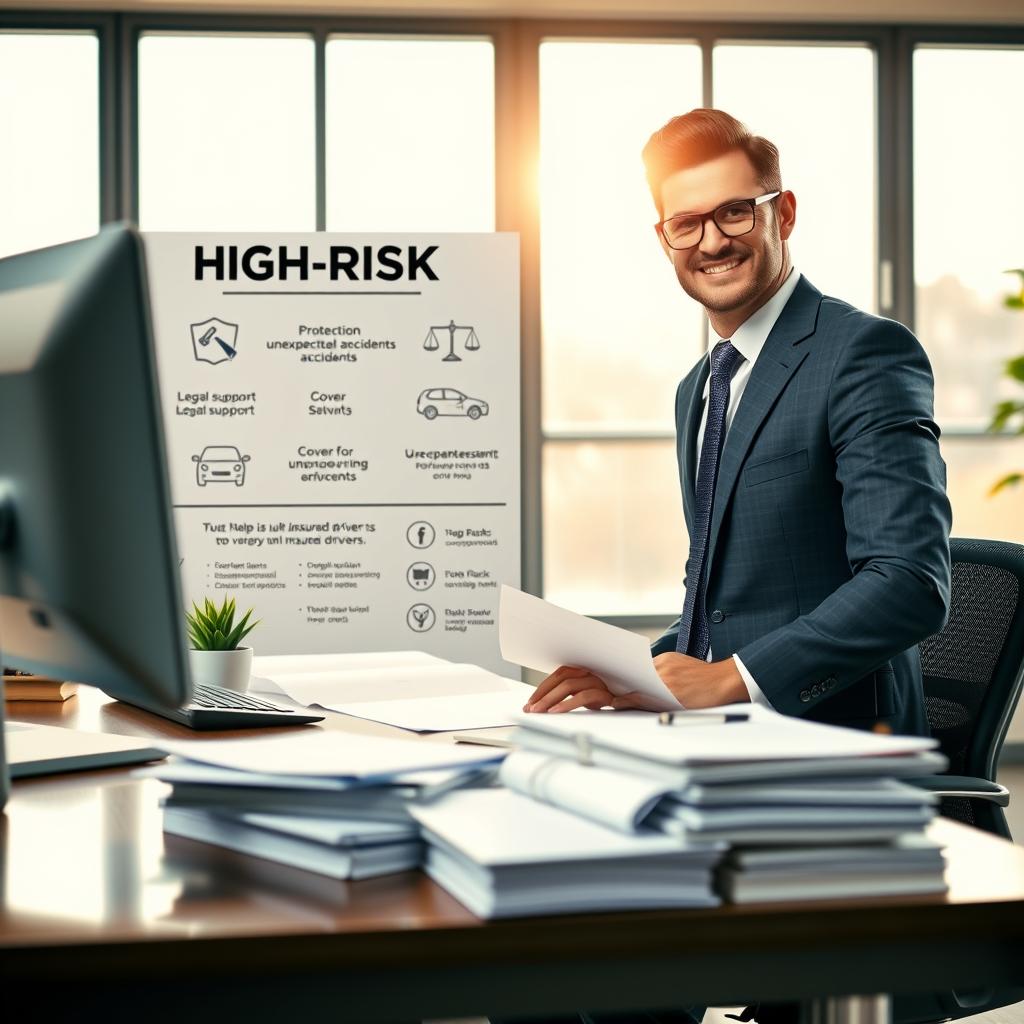 A confident insurance agent in professional attire sits at a desk stacked with paperwork, highlighting the benefits of high-risk auto insurance. The foreground features a modern office setting with a sleek computer and a potted plant, while the agent gestures towards a large, engaging infographic on the wall showcasing key benefits: protection against unexpected accidents, legal support, and cover for uninsured drivers. In the middle ground, a list of benefits is subtly represented by simple illustrations of cars, shields, and balance scales. The background reveals large windows with soft, warm lighting streaming in, creating a welcoming and informative atmosphere. The overall mood is professional, reassuring, and hopeful, emphasizing security and protection for drivers.