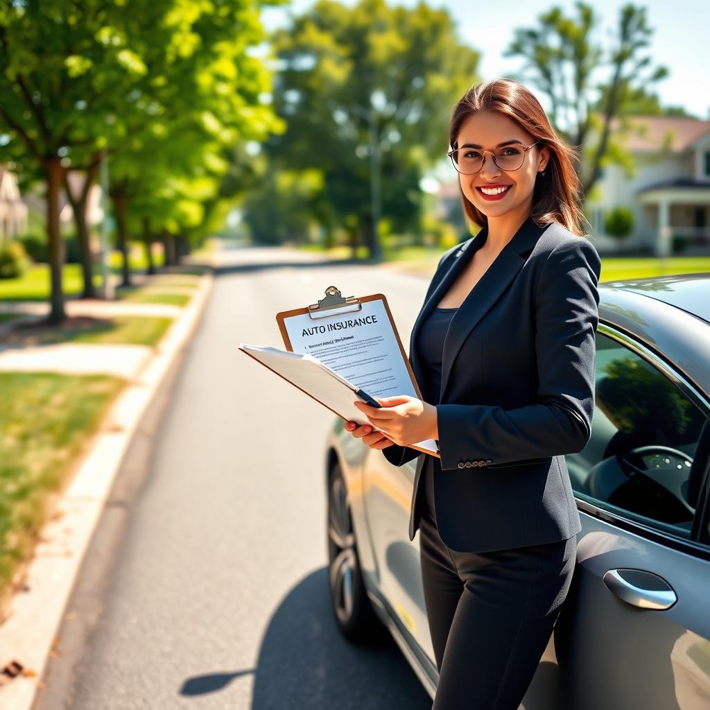 A confident young professional, dressed in an elegant business suit, stands beside a modern, sophisticated car parked on a sunny day. In the foreground, she holds a clipboard with auto insurance documents, symbolizing the importance of comprehensive coverage. The middle ground shows a clean, well-maintained road lined with green trees, reflecting a safe driving environment. In the background, a picturesque residential neighborhood is visible, reinforcing the feeling of safety and security. The image is illuminated by natural sunlight, casting soft shadows that evoke a positive and hopeful atmosphere. Use a wide-angle lens to capture the scene with depth, emphasizing the car and the idea of ​​financial protection on the road, without text or distractions.