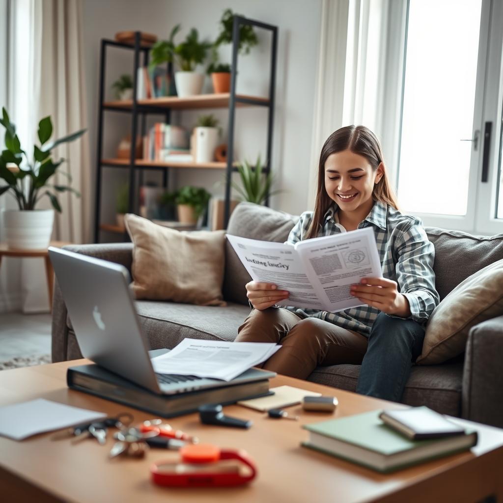 A cozy living room scene showcasing the advantages of no deposit renters insurance. In the foreground, display a happy young couple examining an insurance policy document with a laptop open, both dressed in professional yet casual attire. They sit comfortably on a stylish couch, with a small coffee table cluttered with home-related items like keys and rental agreements. In the middle ground, include a well-decorated bookshelf filled with plants and books, emphasizing a warm and inviting atmosphere. The background features a bright window letting in soft, natural light, casting gentle shadows. Use a depth-of-field effect to keep the couple in sharp focus while subtly blurring the background, creating a friendly and optimistic mood reflecting peace of mind and security in their rental arrangement.