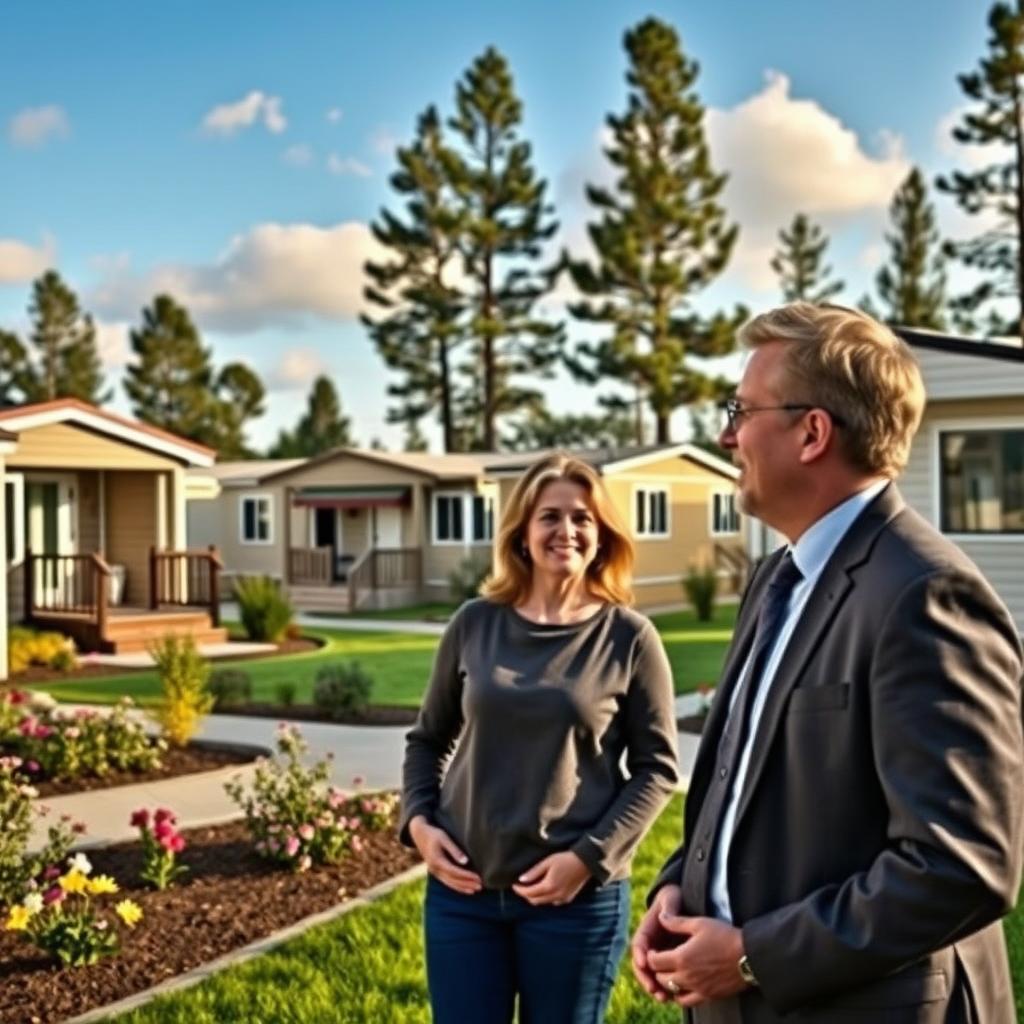 A cozy mobile home park scene showcasing various mobile homes in a serene environment. In the foreground, a professional insurance agent in smart casual attire discusses coverage options with a smiling couple, both dressed casually yet neatly. The middle ground displays a few mobile homes with well-kept gardens and blooming flowers, emphasizing a sense of community. In the background, tall trees and a clear blue sky with soft clouds create a tranquil atmosphere. Warm, natural lighting enhances the inviting feel of the scene. The composition uses a slightly elevated angle, capturing both the interacting subjects and the residential charm of the mobile homes, evoking trust and comfort in finding the right insurance provider.