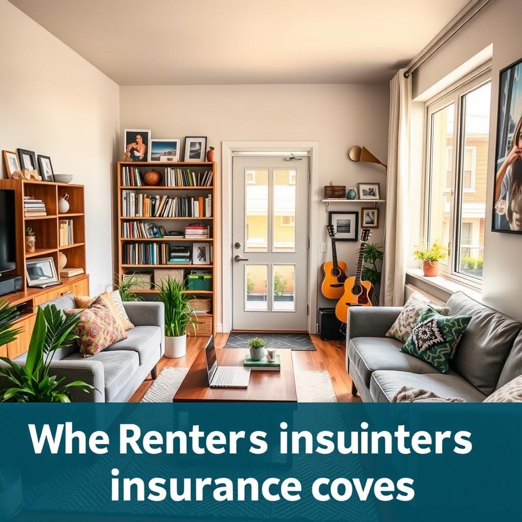A cozy, modern apartment interior filled with various personal belongings, vividly illustrating what renters insurance covers. In the foreground, a well-organized living room featuring a stylish couch, coffee table with a laptop, and potted plants, indicating a comfortable lifestyle. In the middle, a bookshelf filled with books, framed photographs, and a guitar, symbolizing personal property. In the background, a secure front door and a window showing a sunny neighborhood, creating a bright and welcoming atmosphere. Natural light floods the room, highlighting the warmth and security provided by renters insurance. The mood is optimistic and reassuring, conveying a sense of safety and well-being for renters and their possessions.