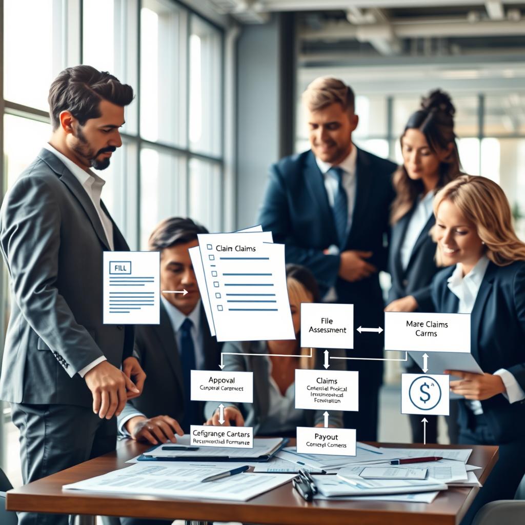 A detailed and engaging depiction of the business insurance claims process. In the foreground, a diverse group of professionals in business attire is gathered around a table, reviewing documents and laptops, with expressions of focus and collaboration. In the middle ground, graphic representations of various claims forms and flowcharts illustrate the steps of the claims process, such as filing, assessment, approval, and payout. The background features a modern office environment with large windows letting in soft, natural light, creating a bright and professional atmosphere. The scene conveys a sense of diligence and trust, with an emphasis on teamwork and organization. The image should capture the essence of clarity and efficiency in the business insurance claims process, presented from a slight angle to add depth and perspective.