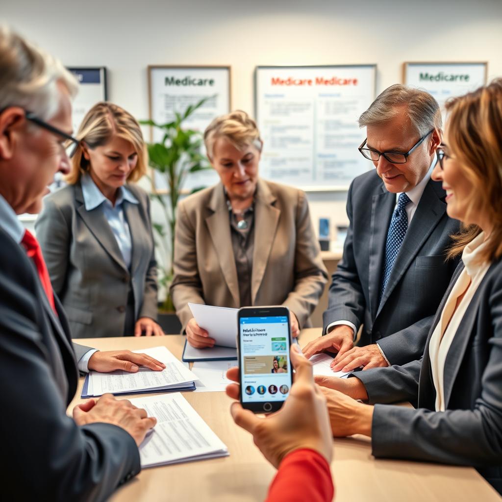 A detailed and informative representation of the Medicare enrollment process. In the foreground, display a diverse group of middle-aged and elderly individuals in professional business attire, engaged in conversation while reviewing Medicare enrollment forms. In the middle layer, portray a well-organized desk with documents, a laptop, and a smartphone displaying the Medicare website, symbolizing the online application process. In the background, include a welcoming office environment with soft lighting, a potted plant, and framed informational posters about Medicare. Use a soft focus for the background to emphasize the individuals and the enrollment materials, creating a clear and educational mood that conveys support and clarity in the Medicare enrollment process. A detailed and informative representation of the Medicare enrollment process. In the foreground, display a diverse group of middle-aged and elderly individuals in professional business attire, engaged in conversation while reviewing Medicare enrollment forms. In the middle layer, portray a well-organized desk with documents, a laptop, and a smartphone displaying the Medicare website, symbolizing the online application process. In the background, include a welcoming office environment with soft lighting, a potted plant, and framed informational posters about Medicare. Use a soft focus for the background to emphasize the individuals and the enrollment materials, creating a clear and educational mood that conveys support and clarity in the Medicare enrollment process.
