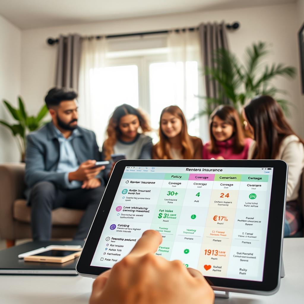 A detailed and visually engaging comparison of low deposit renters insurance options. In the foreground, a sleek digital tablet displays side-by-side comparisons of various renters insurance policies with vibrant icons representing coverage features. In the middle ground, a diverse group of young adults, dressed in smart casual clothing, analyzes the tablet, appearing engaged and thoughtful. The background features a cozy living room setting with soft lighting, emphasizing a warm and inviting atmosphere. Natural light pours in from a window, casting gentle shadows, while houseplants soften the space. The overall mood conveys a sense of informed decision-making in a professional yet approachable environment, suitable for evaluating insurance options.
