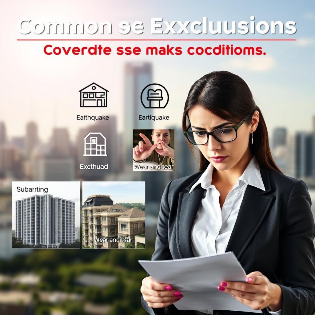 A detailed collage depicting various common exclusions in condo insurance coverage options. Foreground: a professional-looking woman in business attire reviewing a policy document with a concerned expression, surrounded by icons representing exclusions like flood, earthquake, and wear-and-tear. Middle: images of various condo settings—such as an urban high-rise and a suburban condo—showcasing the elements that may not be covered. Background: a blurred city skyline under a bright, inviting daylight. The scene is well-lit, conveying a serious yet informative atmosphere. The focus is sharp, with a slight depth of field effect emphasizing the professional tone of the subject matter. A detailed collage depicting various common exclusions in condo insurance coverage options. Foreground: a professional-looking woman in business attire reviewing a policy document with a concerned expression, surrounded by icons representing exclusions like flood, earthquake, and wear-and-tear. Middle: images of various condo settings—such as an urban high-rise and a suburban condo—showcasing the elements that may not be covered. Background: a blurred city skyline under a bright, inviting daylight. The scene is well-lit, conveying a serious yet informative atmosphere. The focus is sharp, with a slight depth of field effect emphasizing the professional tone of the subject matter.