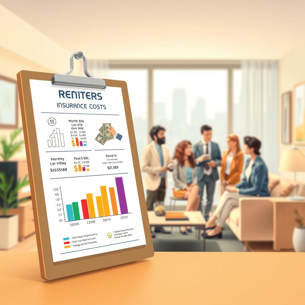 A detailed illustration depicting the concept of renters insurance costs. In the foreground, a professional-looking clipboard displays illustrations of monthly bills and costs related to renters insurance, with colorful bar graphs representing savings. In the middle, a diverse group of individuals in modest professional attire are discussing their financial options, appearing engaged and optimistic. In the background, an apartment interior is softly lit, featuring cozy furnishings and personal items, symbolizing a lived-in space. The overall atmosphere is warm and reassuring, evoking feelings of security and smart financial planning. Soft natural lighting enhances the inviting ambiance, while a blurred city skyline is visible through a window, suggesting urban living. The perspective is slightly angled for a dynamic composition.