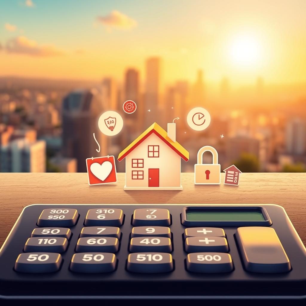 A detailed illustration depicting various homeowners insurance deductible amounts in a visually appealing manner. In the foreground, showcase a professional-looking calculator with buttons highlighting common deductible figures, such as $500, $1,000, and $2,500, displayed prominently. In the middle ground, include a stylized house model surrounded by icons representing different aspects of home insurance, like a shield, a roof, and a lock. The background features a soft-focus cityscape under a bright sky, symbolizing stability and security. Utilize warm, inviting colors and gentle lighting to create a reassuring atmosphere, emphasizing the importance of understanding insurance deductibles. The composition should be clear and organized without any text or distracting elements, ensuring focus on the subject matter.