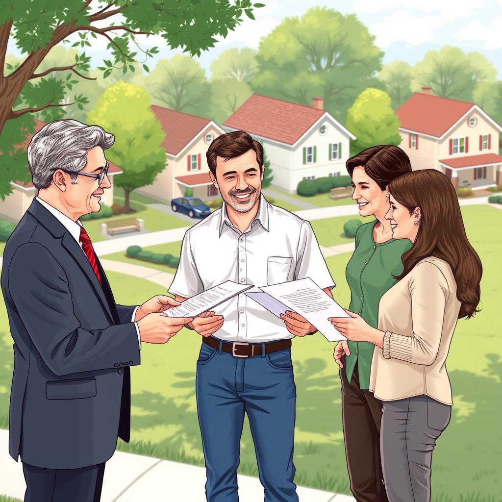 A detailed illustration of State Farm home insurance coverage options, depicting a suburban neighborhood in the background with charming houses and well-maintained lawns. In the foreground, a friendly insurance agent in professional attire is engaged in conversation with a couple, both dressed in modest casual clothing, reviewing insurance policy documents. The scene is filled with natural lighting, creating a warm and inviting atmosphere. The perspective is slightly elevated, providing a comprehensive view of the interactions while capturing the essence of community and security. Soft, vibrant colors are used to evoke trust and reliability, reflecting the strong reputation of State Farm in the home insurance industry. The overall mood is one of reassurance and professionalism. A detailed illustration of State Farm home insurance coverage options, depicting a suburban neighborhood in the background with charming houses and well-maintained lawns. In the foreground, a friendly insurance agent in professional attire is engaged in conversation with a couple, both dressed in modest casual clothing, reviewing insurance policy documents. The scene is filled with natural lighting, creating a warm and inviting atmosphere. The perspective is slightly elevated, providing a comprehensive view of the interactions while capturing the essence of community and security. Soft, vibrant colors are used to evoke trust and reliability, reflecting the strong reputation of State Farm in the home insurance industry. The overall mood is one of reassurance and professionalism.