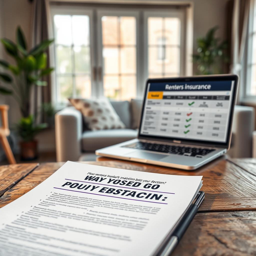 A detailed illustration of a renters insurance policy document, prominently displayed in the foreground on a rustic wooden table. The document features clearly defined headings and bullet points, symbolizing important terms and conditions. In the middle ground, a modern laptop is open, displaying a side-by-side comparison of different insurance policies, illustrating the decision-making process. In the background, a cozy living room scene is visible, featuring a sofa, plants, and windows letting in soft, natural daylight, creating a warm, inviting atmosphere. The overall mood is informative and encouraging, suggesting safety and security in rental living. The scene is captured with a shallow depth of field, emphasizing the document while softly blurring the background details.