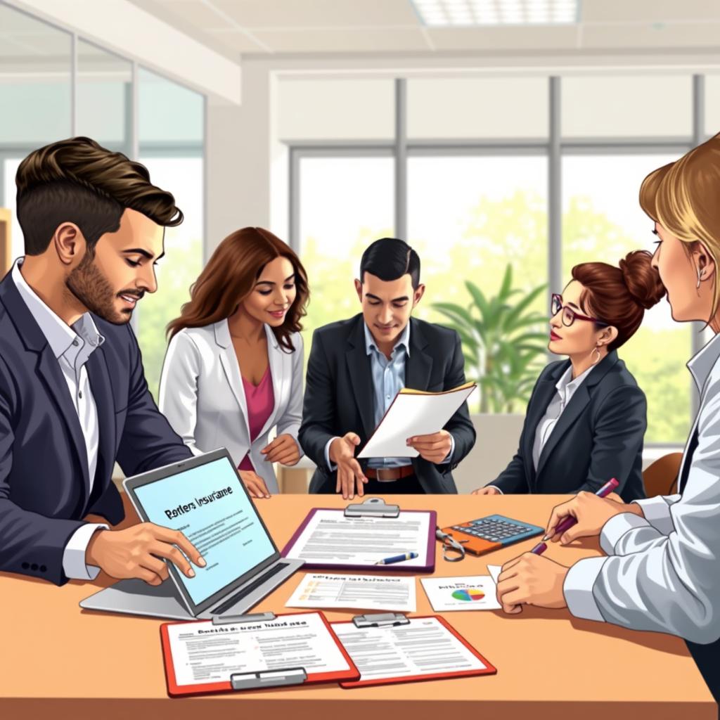 A detailed illustration of the renters insurance claims process, focusing on a professional setting. In the foreground, a diverse group of 2-3 individuals dressed in business attire are engaged in a discussion around a table, with one person pointing at a document and another taking notes. In the middle, various visual elements include a laptop displaying a claims form, a clipboard with checklists, and insurance brochures. The background features an office space with a window showing a bright, sunny day, creating a welcoming atmosphere. Soft, natural lighting enhances the scene, highlighting the professionalism of the individuals. The mood should convey clarity, collaboration, and assistance, reflecting the essential steps involved in navigating renters insurance claims. A detailed illustration of the renters insurance claims process, focusing on a professional setting. In the foreground, a diverse group of 2-3 individuals dressed in business attire are engaged in a discussion around a table, with one person pointing at a document and another taking notes. In the middle, various visual elements include a laptop displaying a claims form, a clipboard with checklists, and insurance brochures. The background features an office space with a window showing a bright, sunny day, creating a welcoming atmosphere. Soft, natural lighting enhances the scene, highlighting the professionalism of the individuals. The mood should convey clarity, collaboration, and assistance, reflecting the essential steps involved in navigating renters insurance claims.