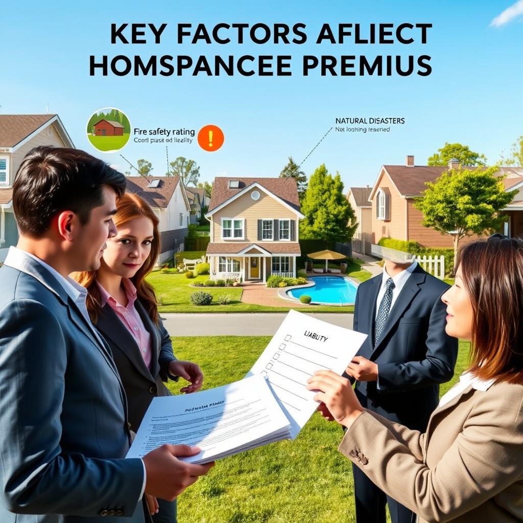A detailed infographic illustrating the key factors affecting homeownership premiums. In the foreground, show a diverse group of homeowners in professional attire reviewing a detailed checklist and discussing it amongst themselves. In the background, present visual representations of factors such as a house with a fire safety rating icon, a nearby swimming pool symbolizing liability, and a tree representing the risk of natural disasters. In the background, illustrate a residential neighborhood with well-maintained homes under a clear blue sky, suggesting a safe environment. Use natural lighting to create a warm and inviting atmosphere, and an eye-level angle to make the scene engaging and easy to identify. The overall tone should be informative and reassuring, emphasizing responsible homeownership. A detailed infographic illustrating the key factors affecting homeownership premiums. In the foreground, show a diverse group of homeowners in professional attire reviewing a detailed checklist and discussing it amongst themselves. In the background, present visual representations of factors such as a house with a fire safety rating icon, a nearby swimming pool symbolizing liability, and a tree representing the risk of natural disasters. In the background, illustrate a residential neighborhood with well-maintained homes under a clear blue sky, suggesting a safe environment. Use natural lighting to create a warm and inviting atmosphere, and an eye-level angle to make the scene engaging and easy to identify. The overall tone should be informative and reassuring, emphasizing responsible homeownership.