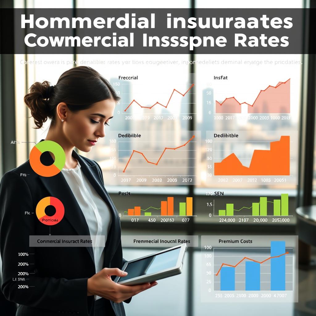 A detailed infographic-style composition about commercial insurance rates, emphasizing how deductibles impact premiums. In the foreground, a well-dressed professional woman, looking intently at a tablet, analyzes charts showing fluctuating rate graphs. In the middle, an array of pie charts and line graphs, illustrating deductible amounts and their corresponding effects on premium costs, with bright colors for clarity. The background features an office environment with a large window, casting soft natural light, revealing a city skyline. The overall atmosphere should be informative and analytical, reflecting a serious mood yet accessible for business owners navigating insurance choices. Use a slight overhead angle to capture both the professional and the data at hand effectively, ensuring all elements are clear and visually engaging. A detailed infographic-style composition about commercial insurance rates, emphasizing how deductibles impact premiums. In the foreground, a well-dressed professional woman, looking intently at a tablet, analyzes charts showing fluctuating rate graphs. In the middle, an array of pie charts and line graphs, illustrating deductible amounts and their corresponding effects on premium costs, with bright colors for clarity. The background features an office environment with a large window, casting soft natural light, revealing a city skyline. The overall atmosphere should be informative and analytical, reflecting a serious mood yet accessible for business owners navigating insurance choices. Use a slight overhead angle to capture both the professional and the data at hand effectively, ensuring all elements are clear and visually engaging.
