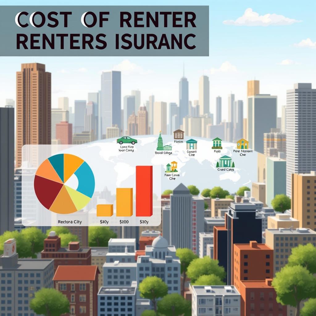 A detailed infographic-style illustration depicting the "cost of renters insurance by location" across a diverse urban landscape. In the foreground, a visually appealing pie chart and bar graph interactively showcase varying rental insurance rates across different major cities. The middle ground features a map subtly highlighting these cities with icons for each to represent insurance costs, emphasizing regional disparities. In the background, an urban skyline with recognizable landmarks creates a vibrant, dynamic atmosphere. Soft, natural lighting enhances clarity, and the scene is viewed from a slightly elevated angle for depth. The overall mood is informative and engaging, tailored for an audience seeking knowledge about renters insurance factors, displayed in a colorful yet professional palette without any text or labels.
