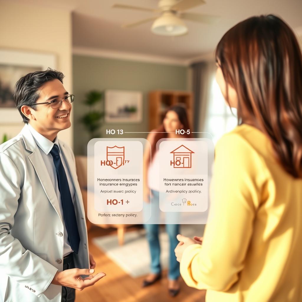 A detailed, informative illustration of various homeowners insurance policy types, featuring a visually organized infographic layout. In the foreground, depict a friendly insurance agent in professional attire, explaining policy types to a young couple, who appear engaged and curious. The middle layer shows distinct sections for different homeowners insurance types, each represented by clear icons: HO-1, HO-3, and HO-5 policies, accompanied by simple visual cues like shields or houses. In the background, a warm, inviting home setting is visible, symbolizing security and comfort. Soft, natural lighting enhances the overall approachable atmosphere. The angle should provide a dynamic view of the scene, drawing the viewer's attention to the discussion and policy illustrations without any text or overlays. A detailed, informative illustration of various homeowners insurance policy types, featuring a visually organized infographic layout. In the foreground, depict a friendly insurance agent in professional attire, explaining policy types to a young couple, who appear engaged and curious. The middle layer shows distinct sections for different homeowners insurance types, each represented by clear icons: HO-1, HO-3, and HO-5 policies, accompanied by simple visual cues like shields or houses. In the background, a warm, inviting home setting is visible, symbolizing security and comfort. Soft, natural lighting enhances the overall approachable atmosphere. The angle should provide a dynamic view of the scene, drawing the viewer's attention to the discussion and policy illustrations without any text or overlays.