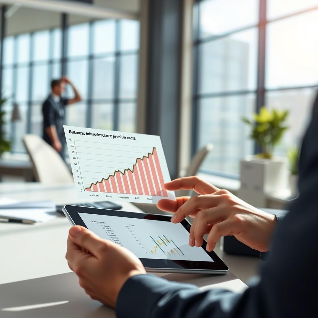 A detailed visual representation of business interruption insurance premium costs. In the foreground, a professional businessperson in business attire is analyzing a digital tablet displaying an upward trend chart of premium costs. The middle section includes a workspace with a desk, documents, and a calculator, symbolizing careful financial planning. In the background, an office environment with large windows allowing natural light to flood in, providing a bright and optimistic atmosphere. Soft shadows play across the surfaces, and a slight blur focuses attention on the figures in the foreground. The mood is serious yet proactive, conveying the importance of understanding costs while emphasizing security and stability for businesses.
