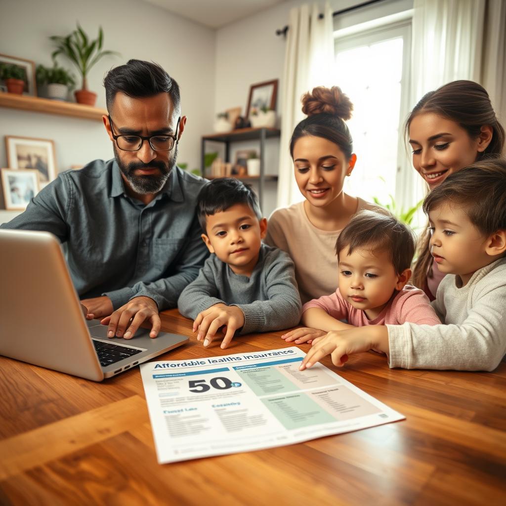 A diverse family of four, including parents and two children, gathered around a dining table reviewing their health insurance options online. The father is focused on a laptop screen, while the mother points at a printed brochure on the table, depicting various affordable insurance plans. The children, a boy and girl, look on with curiosity. In the background, a cozy home office is visible, with plants and family photos, symbolizing a nurturing environment. Soft, natural light enters through a window, creating a warm and inviting atmosphere. The image embodies a sense of togetherness, support, and the importance of family health coverage, captured from an eye-level angle for a relatable perspective.