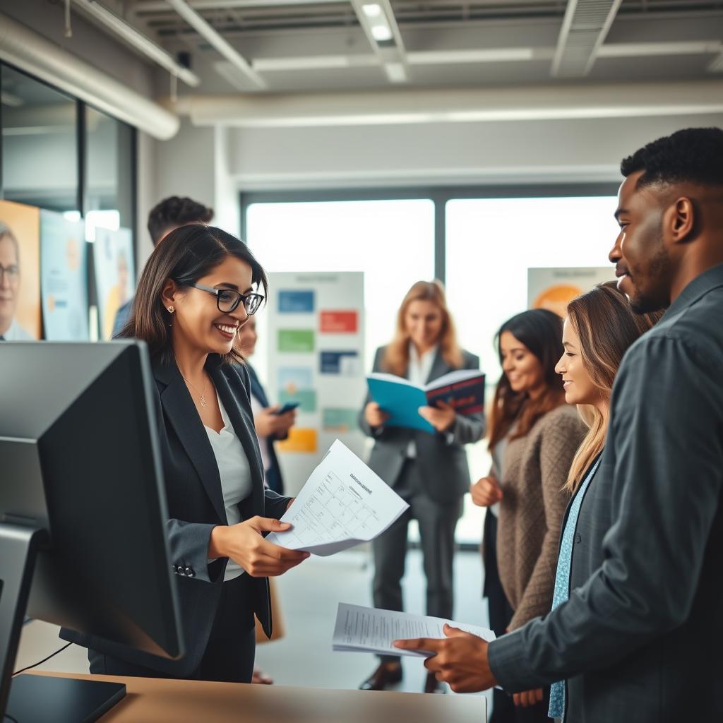 A diverse group of individuals in a modern office space, intently engaged in the Obamacare enrollment process, showcasing collaboration and support. In the foreground, a middle-aged woman in professional business attire assists a young couple with their enrollment forms, gesturing towards a computer screen displaying health plan options. In the middle, a friendly advisor, also dressed in business attire, reviews brochures with another client, surrounded by colorful posters of health plans on the walls. In the background, natural light filters through large windows, illuminating the room and enhancing a positive atmosphere of empowerment and hope. The scene captures the essence of teamwork and accessibility in navigating healthcare options, with a warm, inviting color palette that promotes reassurance and clarity.
