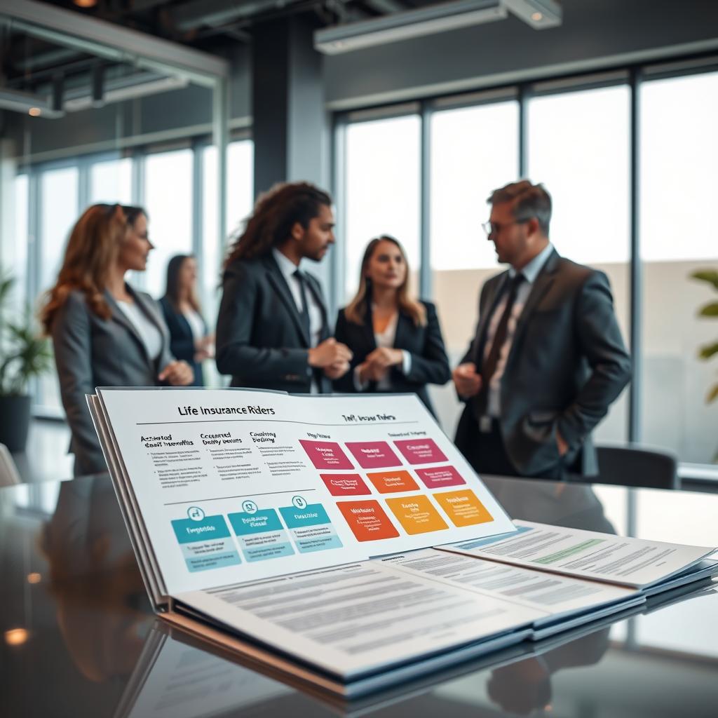 A dynamic and informative scene depicting the concept of life insurance riders. In the foreground, a diverse group of three professionals dressed in business attire—one woman and two men—stand together, discussing various policy documents spread out on a sleek table. In the middle ground, a clear, open folder displays colorful infographics illustrating different types of policy riders, like accelerated death benefits and waiver of premium. The background features a modern office environment with large windows allowing soft, natural light to filter in, creating a warm and inviting atmosphere. The overall mood is collaborative and professional, symbolizing the importance of understanding life insurance options for financial security.