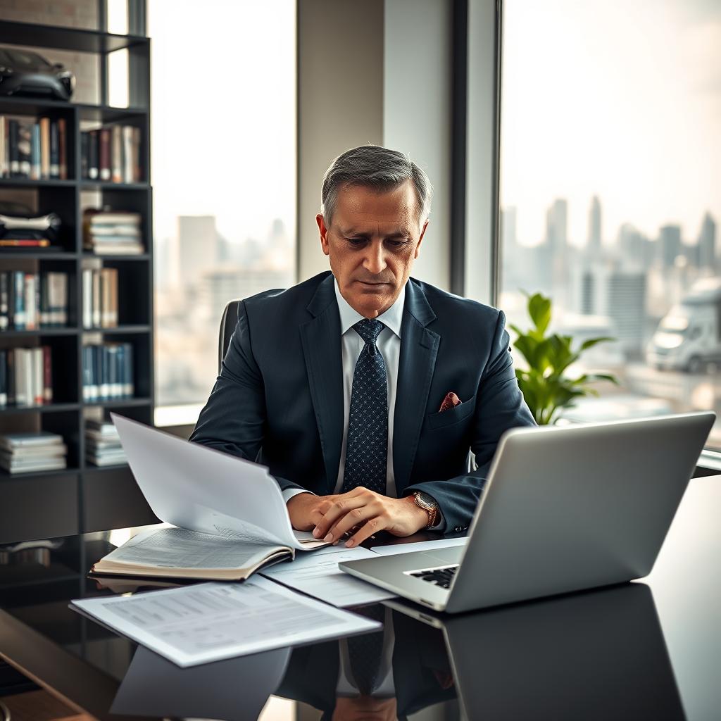 A high-risk auto insurance specialist in a modern office setting, focusing on their work. In the foreground, a middle-aged man in a tailored navy suit is seated at a sleek desk, studying insurance papers and a laptop. His expression is confident and attentive. Behind him, a well-organized bookshelf filled with insurance books and automotive references creates a professional atmosphere. The room is illuminated by soft, natural light streaming in from a large window, casting gentle shadows. In the background, a city skyline is visible, suggesting a bustling urban environment. The mood is serious yet approachable, embodying trust and expertise in high-risk auto insurance.