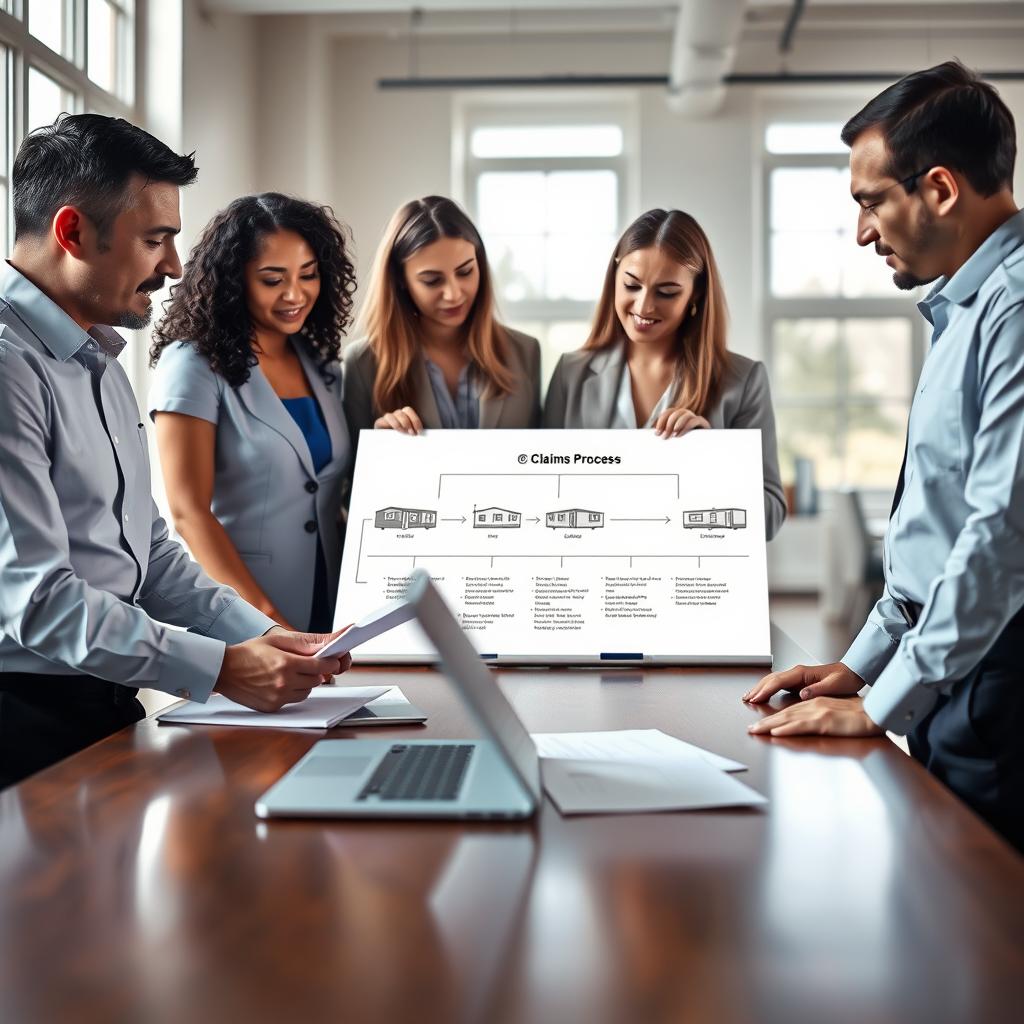 A mobile home insurance claims process scene depicting a professional business environment. In the foreground, a diverse group of four individuals—two men and two women—dressed in professional attire, are engaged in discussion while reviewing documents and a laptop on a polished wooden table. In the middle, a large whiteboard displays a flowchart outlining the claims process with clear steps and illustrations of mobile homes. The background features an office space with natural light flooding in through large windows, creating a welcoming atmosphere. Soft shadowing adds depth, and the overall mood is one of collaboration and clarity, emphasizing the importance of understanding the claims process. The angle captures both the individuals and the whiteboard effectively, offering a comprehensive view of the discussion.