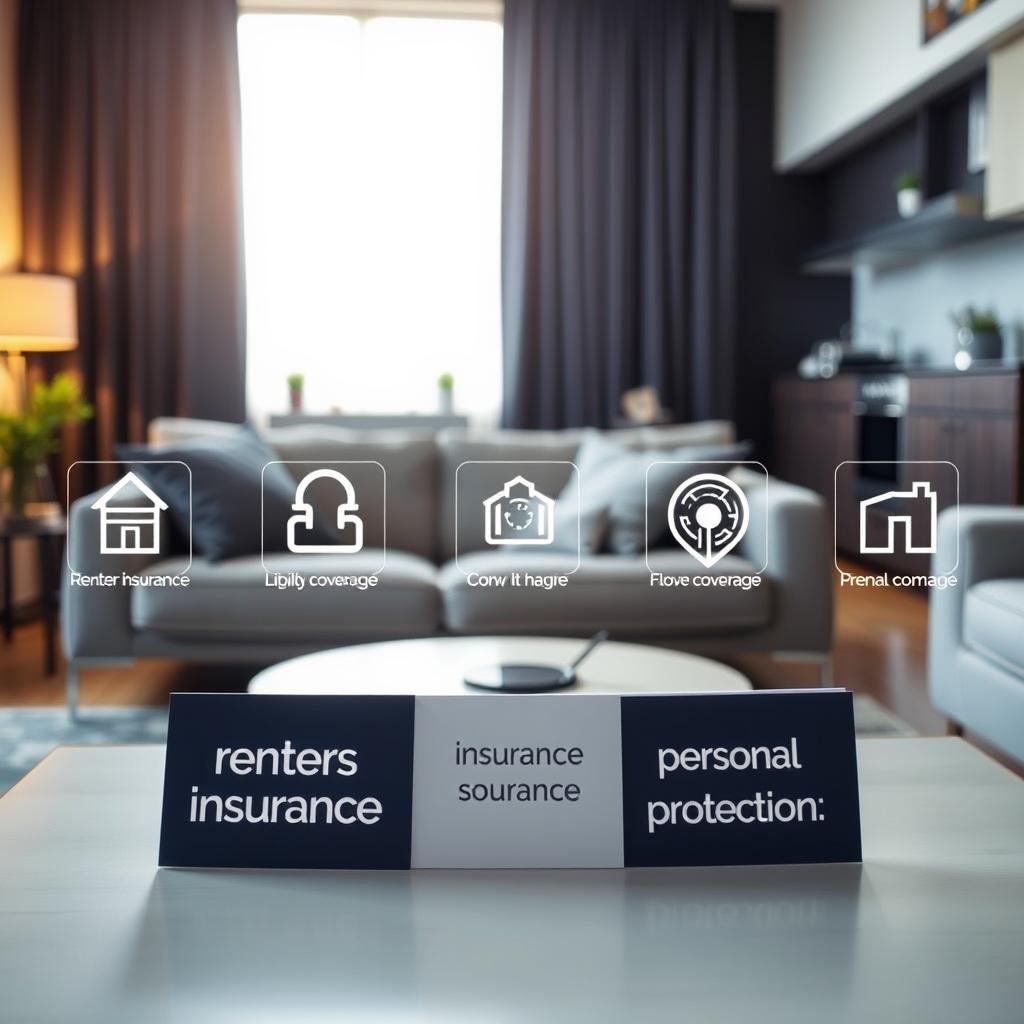 A modern apartment interior showcasing various insurance coverage options visually represented through distinct icons. In the foreground, a stylish living room with a cozy sofa and a coffee table displaying brochures of "renters insurance," "liability coverage," and "personal property protection." The middle ground features a large window with soft, natural light flooding in, illuminating the room and creating a warm atmosphere. In the background, a kitchen area with sleek appliances, subtly indicating a contemporary lifestyle. The overall mood is professional yet inviting, ideal for illustrating apartment insurance options. The image focuses on creating a sense of security and comfort, highlighting the importance of insurance for tenants. Use a soft focus effect to enhance the calmness of the scene.