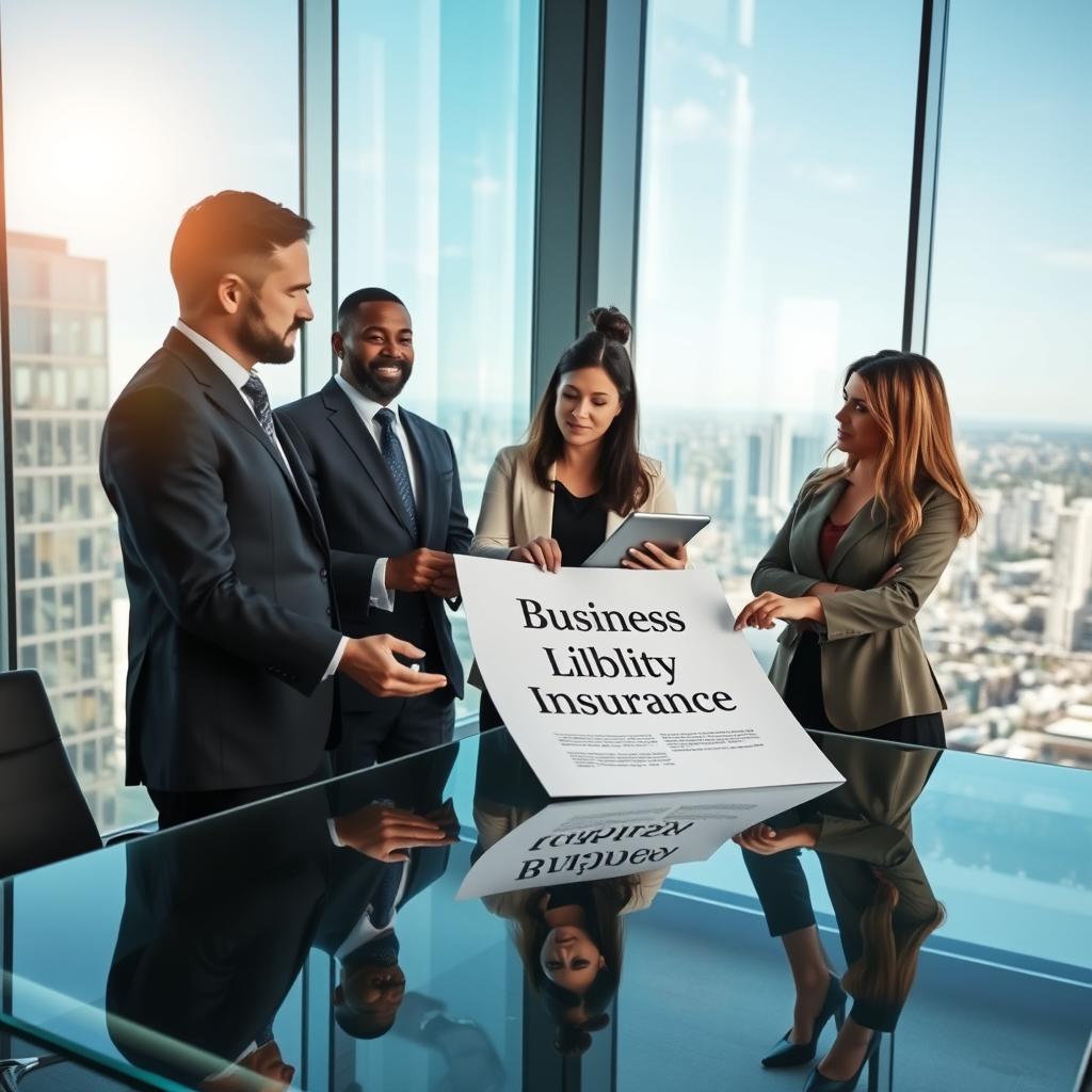 A modern corporate office scene featuring a diverse group of professionals engaged in a discussion about business liability insurance. In the foreground, two businessmen in professional suits are examining a large document titled "Business Liability Insurance" on a sleek glass table. In the middle, a businesswoman is pointing to relevant sections of the document, highlighting key points with a digital tablet beside her. The background includes a cityscape view through large windows, with a bright, sunny day illuminating the office space. The lighting is soft yet vibrant, creating an atmosphere of collaboration and focus. The lens angle is slightly elevated to capture the interactions clearly while maintaining a sense of depth in the office environment.