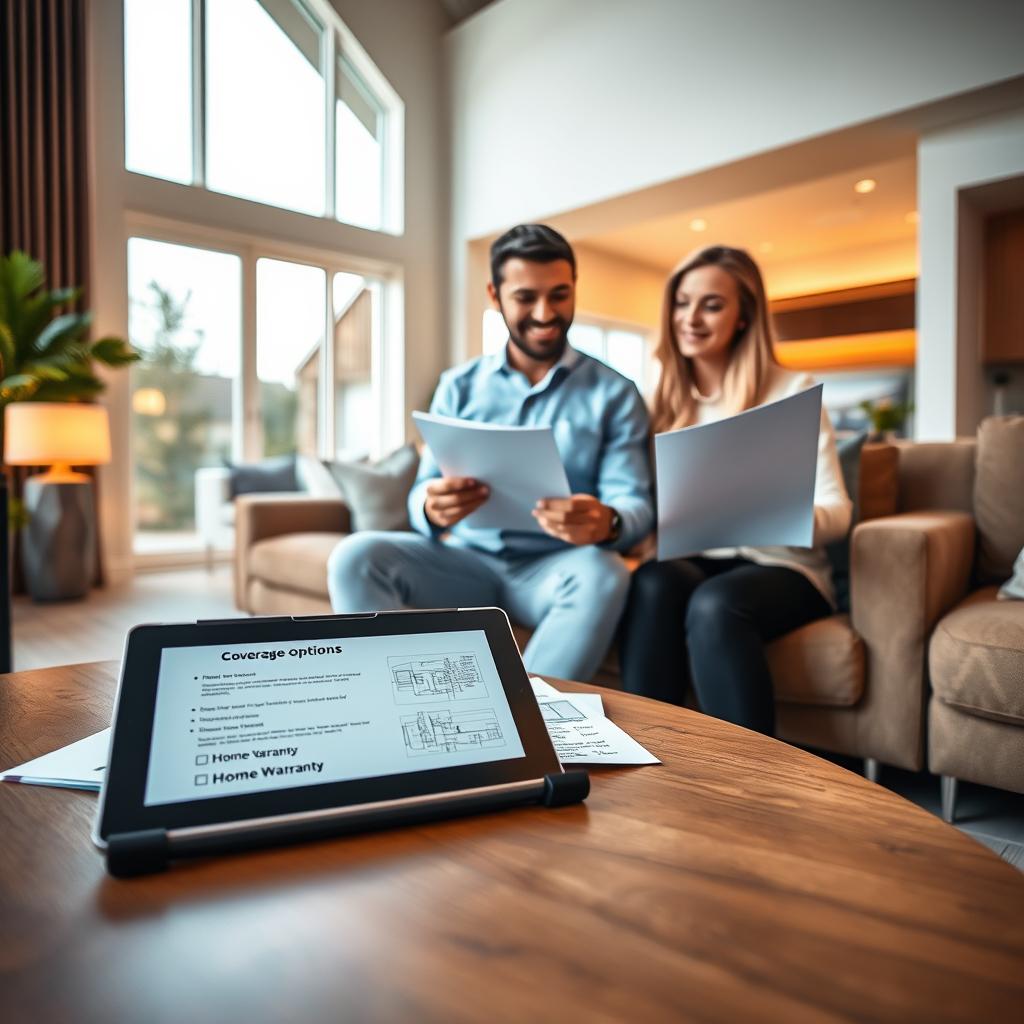 A modern and cozy living room in a newly built home, illustrating the concept of comprehensive home insurance. In the foreground, an elegant coffee table displays a tablet with coverage options, along with a floor plan and a home insurance document. In the background, a professional-looking couple, dressed in smart casual attire, reviews documents together, demonstrating interest and satisfaction. Large windows in the background allow natural light to flood the room, highlighting the contemporary architecture and inviting atmosphere. The soft, warm lighting creates a sense of comfort and security. The camera angle captures both the couple and the inviting room, suggesting the protection and peace of mind that comprehensive home insurance provides for new properties. A modern and cozy living room in a newly built home, illustrating the concept of comprehensive home insurance. In the foreground, an elegant coffee table displays a tablet with coverage options, along with a floor plan and a home insurance document. In the background, a professional-looking couple, dressed in smart casual attire, reviews documents together, demonstrating interest and satisfaction. Large windows in the background allow natural light to flood the room, highlighting the contemporary architecture and inviting atmosphere. The soft, warm lighting creates a sense of comfort and security. The camera angle captures both the couple and the inviting room, suggesting the protection and peace of mind that comprehensive home insurance provides for new properties.
