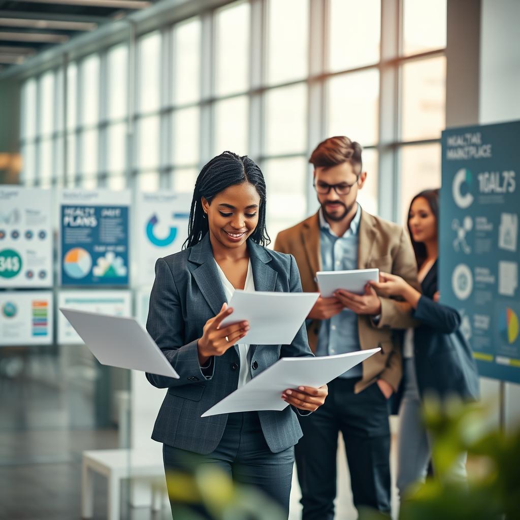 A modern healthcare provider's network scene depicting a diverse group of professionals in a sleek office environment. In the foreground, a confident, middle-aged African American woman in a business suit reviews health care documents on a tablet. To her right, a young Hispanic man in smart casual attire discusses options with colleagues, hinting at collaboration and teamwork. In the middle ground, visual displays of health plan information and infographics adorn the walls, emphasizing the marketplace feature. The background includes large windows with natural light streaming in, creating an optimistic atmosphere. Soft-focus on the background provides depth, while warm lighting conveys professionalism and approachability. The overall mood is dynamic and focused, representing the efficient use of marketplace plans.