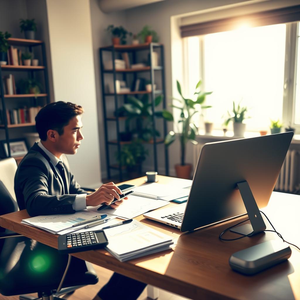 A modern home office scene showcasing a person calculating renters insurance coverage. In the foreground, a focused individual in professional business attire, seated at a stylish desk cluttered with documents, a calculator, and a laptop displaying financial graphs. The middle layer features a large window letting in soft, natural daylight, illuminating the workspace and casting gentle shadows. In the background, shelves filled with books and house plants create a cozy atmosphere. The overall mood is productive and thoughtful, emphasizing the importance of securing affordable renters insurance. Use bright, warm lighting to enhance the inviting feel, and capture the image from a slightly angled perspective to highlight the subject's concentration on their task. A modern home office scene showcasing a person calculating renters insurance coverage. In the foreground, a focused individual in professional business attire, seated at a stylish desk cluttered with documents, a calculator, and a laptop displaying financial graphs. The middle layer features a large window letting in soft, natural daylight, illuminating the workspace and casting gentle shadows. In the background, shelves filled with books and house plants create a cozy atmosphere. The overall mood is productive and thoughtful, emphasizing the importance of securing affordable renters insurance. Use bright, warm lighting to enhance the inviting feel, and capture the image from a slightly angled perspective to highlight the subject's concentration on their task.