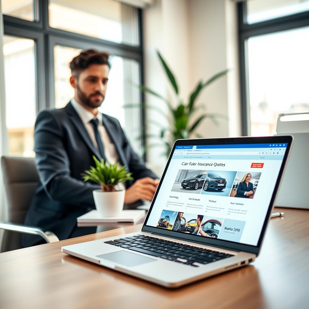 A modern, inviting home office setting featuring a professional in business attire, sitting at a sleek desk with a laptop open, displaying a website for car insurance quotes. The foreground includes a close-up of the laptop's screen with clear images of various car insurance options. In the middle, a potted plant and a notepad with a pen add a touch of warmth and professionalism. The background has a well-lit window showing a sunny day outside, with soft, natural light illuminating the scene. The overall atmosphere is calm and focused, capturing the essence of simplicity and accessibility in obtaining auto insurance quotes online. The angle is slightly tilted to showcase both the screen and the user’s attentive demeanor while maintaining a clean, unobtrusive workspace aesthetic.