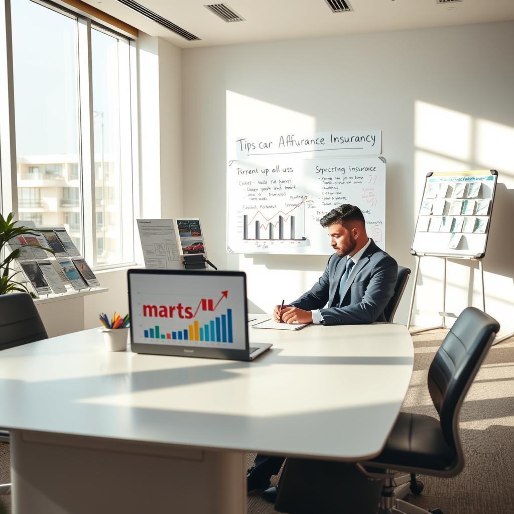 A modern, inviting office environment centered around the concept of cost-effective car insurance plans. In the foreground, a professional individual in smart business attire sits at a sleek desk, examining a laptop displaying colorful charts and graphs related to insurance rates. The middle ground features an organized display of insurance brochures and a whiteboard with notes highlighting tips for finding affordable car insurance. The background includes floor-to-ceiling windows with natural light streaming in, creating a warm, optimistic atmosphere. Soft shadows are cast across the room, enhancing the sense of professionalism and clarity. The overall mood combines a sense of urgency and opportunity, reflecting the pursuit of smart financial choices in car insurance.