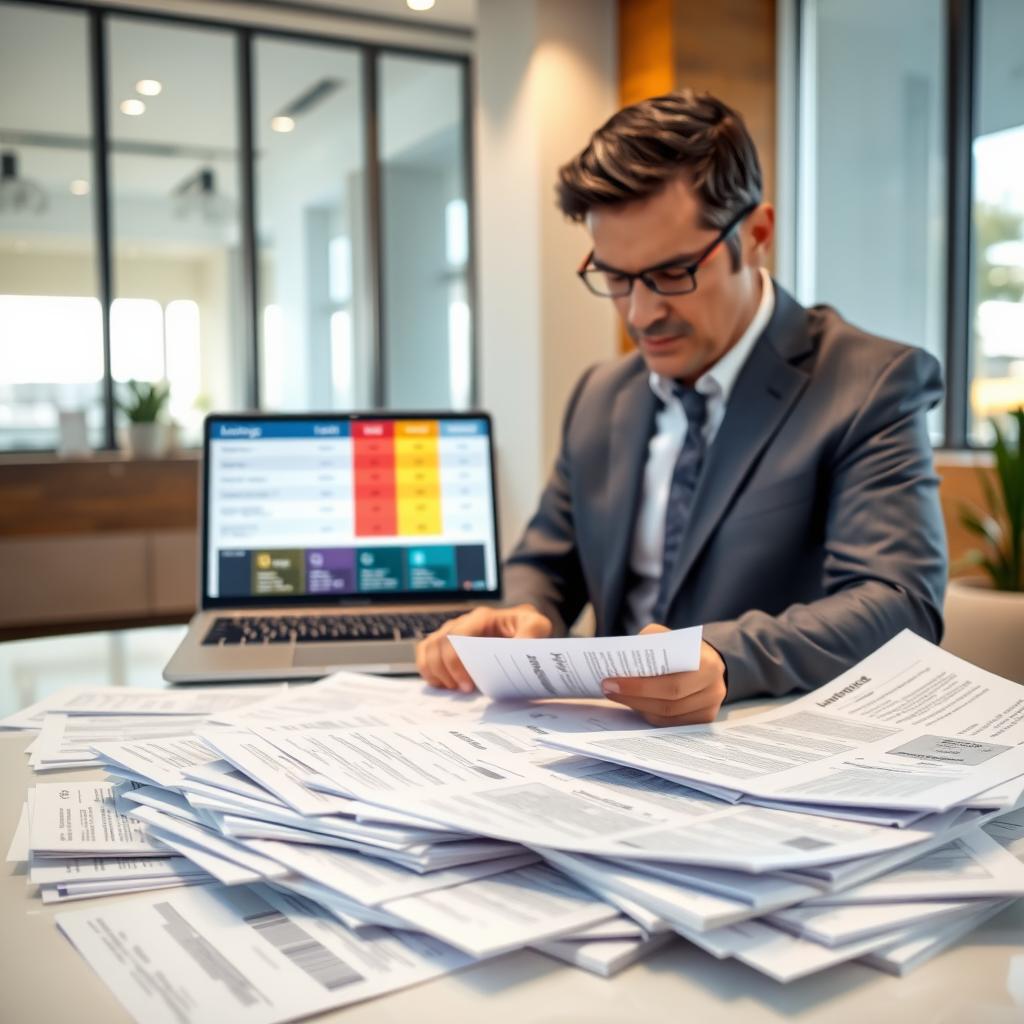 A modern, inviting office setting with a focus on a sleek desk piled with various life insurance quote documents, all neatly organized. In the foreground, a professional-looking middle-aged man in a crisp suit is intently reviewing the quotes, his face reflecting concentration and determination. In the middle ground, a laptop displays a colorful digital comparison chart of different life insurance plans, with icons representing affordability and coverage. The background features a large window with soft, natural light filtering in, casting a warm glow throughout the room. The overall atmosphere is optimistic and focused, suggesting a proactive approach to securing life insurance coverage.
