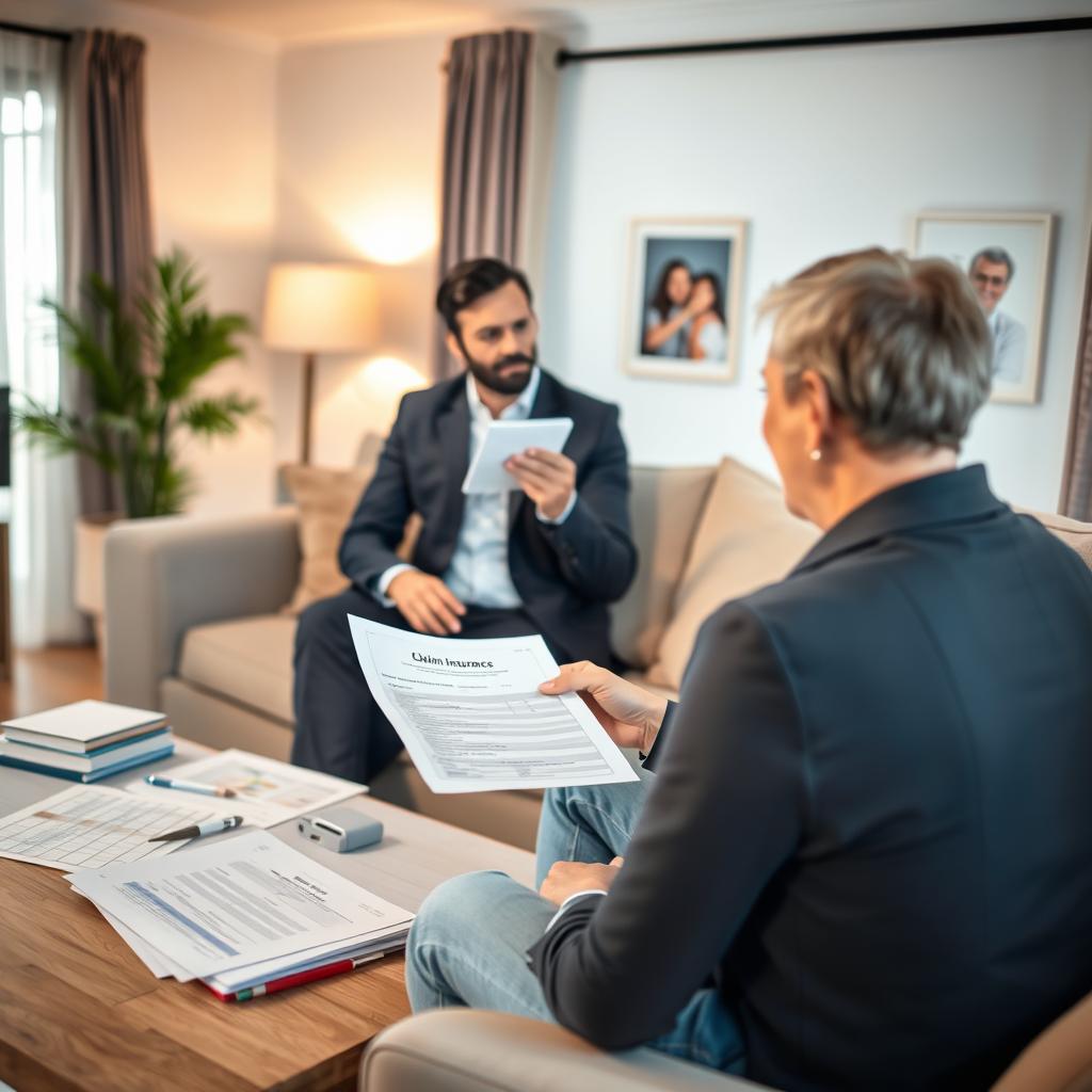 A modern living room scene depicting the home insurance claims process. In the foreground, a professional insurance agent in business attire is showing a claim form to a concerned homeowner, who looks thoughtful while seated on a comfortable sofa. The middle ground features neatly organized paperwork and a laptop displaying a claims tracking website. The background consists of a well-lit, cozy home interior with soft natural light filtering through curtains, highlighting a family photo on the wall. The atmosphere is calm yet focused, emphasizing trust and professionalism. Use a warm color palette to create a welcoming feeling, with a soft focus effect on the background to draw attention to the interaction in the foreground. A modern living room scene depicting the home insurance claims process. In the foreground, a professional insurance agent in business attire is showing a claim form to a concerned homeowner, who looks thoughtful while seated on a comfortable sofa. The middle ground features neatly organized paperwork and a laptop displaying a claims tracking website. The background consists of a well-lit, cozy home interior with soft natural light filtering through curtains, highlighting a family photo on the wall. The atmosphere is calm yet focused, emphasizing trust and professionalism. Use a warm color palette to create a welcoming feeling, with a soft focus effect on the background to draw attention to the interaction in the foreground.