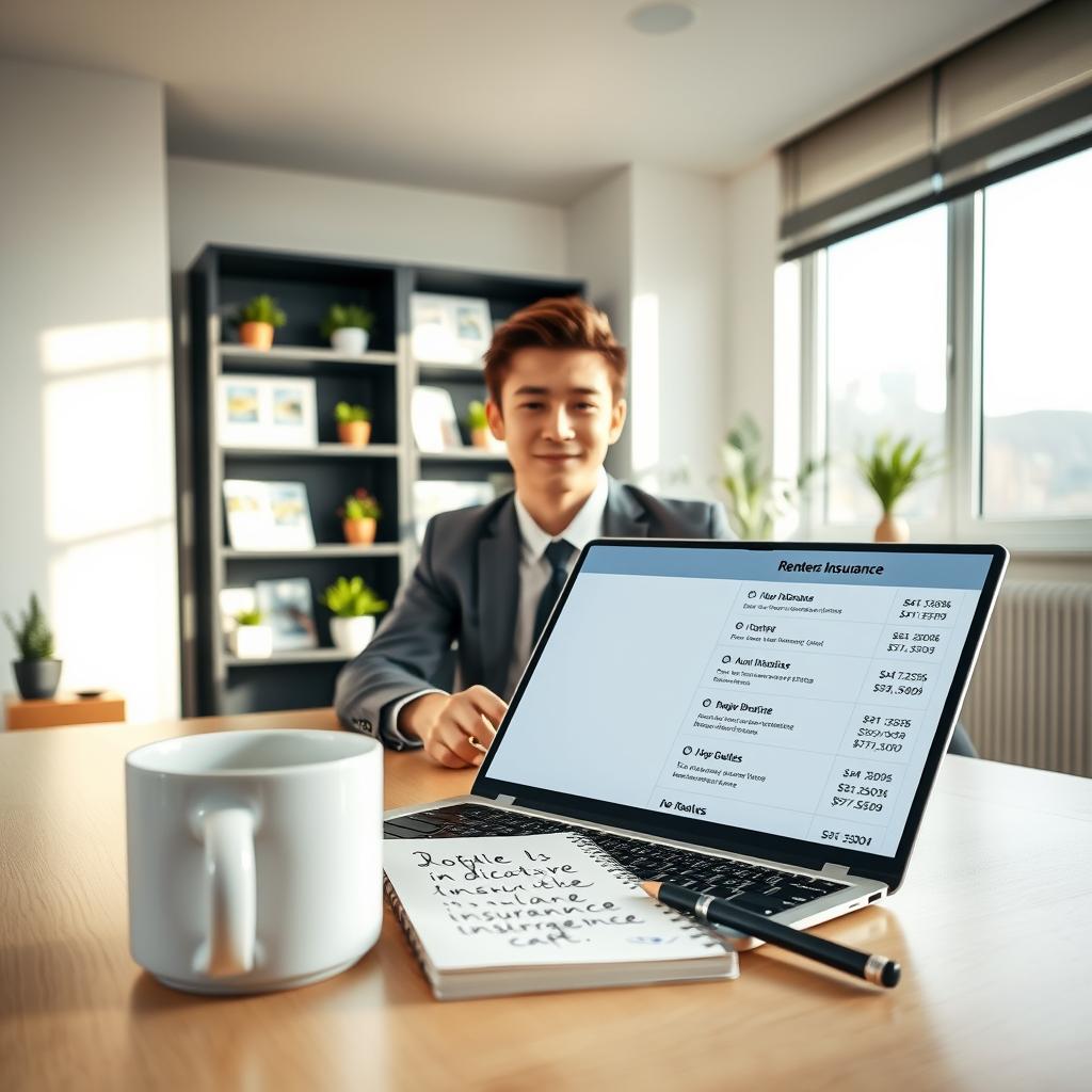A modern, minimalist office space featuring a young professional in business attire, seated at a sleek desk with a laptop open, displaying various renters insurance quotes on the screen. In the foreground, a coffee cup and notepad with handwritten notes on discounts add depth. The middle ground includes a well-organized bookshelf filled with insurance-themed literature and small potted plants for a touch of warmth. The background features a large window with natural sunlight streaming in, casting soft shadows across the room. The mood is optimistic and focused, conveying a sense of preparation and financial empowerment in securing renters insurance. The lighting is bright yet soft, creating an inviting atmosphere for productivity and decision-making. A modern, minimalist office space featuring a young professional in business attire, seated at a sleek desk with a laptop open, displaying various renters insurance quotes on the screen. In the foreground, a coffee cup and notepad with handwritten notes on discounts add depth. The middle ground includes a well-organized bookshelf filled with insurance-themed literature and small potted plants for a touch of warmth. The background features a large window with natural sunlight streaming in, casting soft shadows across the room. The mood is optimistic and focused, conveying a sense of preparation and financial empowerment in securing renters insurance. The lighting is bright yet soft, creating an inviting atmosphere for productivity and decision-making.
