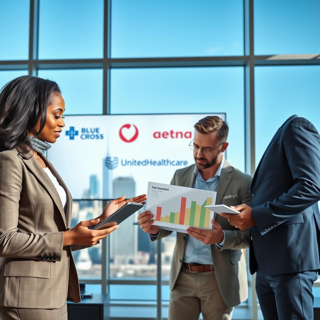 A modern office environment featuring a diverse group of professionals discussing health insurance options. In the foreground, a confident African-American woman in a tailored suit gestures emphatically as she explains a graph on a digital tablet. Beside her, a focused Caucasian man in smart casual attire takes notes. The middle ground shows a large screen displaying the logos of top health insurance providers like Blue Cross, Aetna, and UnitedHealthcare, stylishly designed and well-lit. In the background, large windows reveal a city skyline under a clear blue sky, providing an open and optimistic atmosphere. The lighting is bright and inviting, capturing a sense of professionalism and trust. The image should be well-composed, with a slight depth of field to emphasize the foreground while still showcasing the screen and the bustling office environment. A modern office environment featuring a diverse group of professionals discussing health insurance options. In the foreground, a confident African-American woman in a tailored suit gestures emphatically as she explains a graph on a digital tablet. Beside her, a focused Caucasian man in smart casual attire takes notes. The middle ground shows a large screen displaying the logos of top health insurance providers like Blue Cross, Aetna, and UnitedHealthcare, stylishly designed and well-lit. In the background, large windows reveal a city skyline under a clear blue sky, providing an open and optimistic atmosphere. The lighting is bright and inviting, capturing a sense of professionalism and trust. The image should be well-composed, with a slight depth of field to emphasize the foreground while still showcasing the screen and the bustling office environment.
