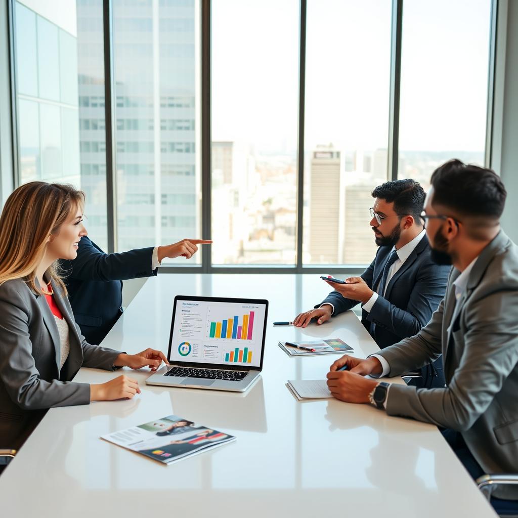 A modern office setting featuring a diverse group of professionals seated around a sleek conference table. In the foreground, a woman in a business suit points at a laptop screen displaying colorful health insurance comparison charts and graphs, while a man in smart casual attire takes notes on a notepad. In the middle ground, a large window reveals a bright, sunny day outside, with city skyline views, casting natural light into the room. On the table, there are brochures and pens, adding to the focus on detailed analysis. The mood is collaborative and focused, emphasizing the importance of careful decision-making. The image captures clarity, professionalism, and an atmosphere of teamwork, ideal for discussing tips on comparing health insurance plans.