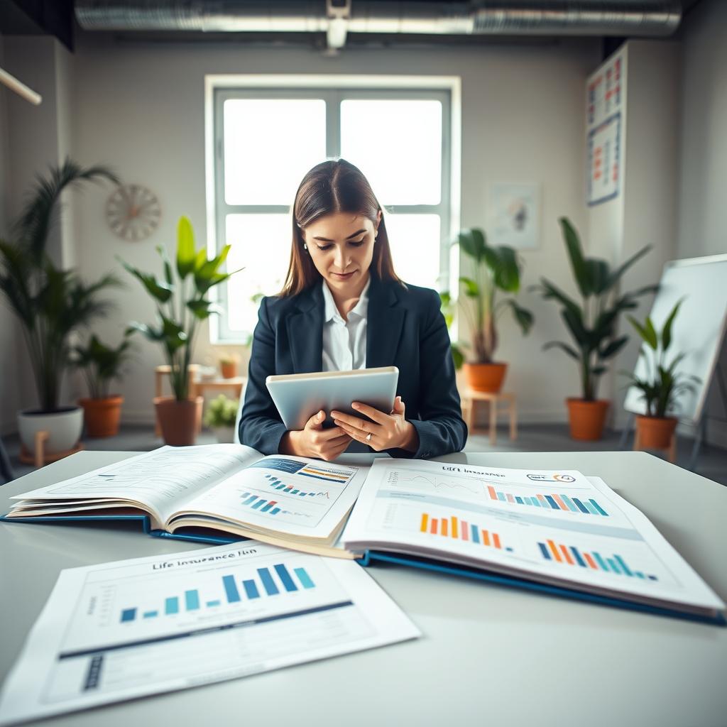 A modern office setting featuring a professional woman in business attire, reviewing life insurance policies on a tablet. In the foreground, a sleek desk with open folders and charts comparing various life insurance plans, showcasing numbers and graphs. In the middle, the woman is focused on her tablet, with a thoughtful expression, surrounded by a bright and airy workspace filled with greenery like potted plants. In the background, a large window lets in natural light, illuminating the space and creating a warm atmosphere. The scene is captured with a slightly elevated angle, emphasizing the woman's engagement with her task. Overall, the mood conveys diligence and clarity, perfect for understanding the importance of choosing the right life insurance.