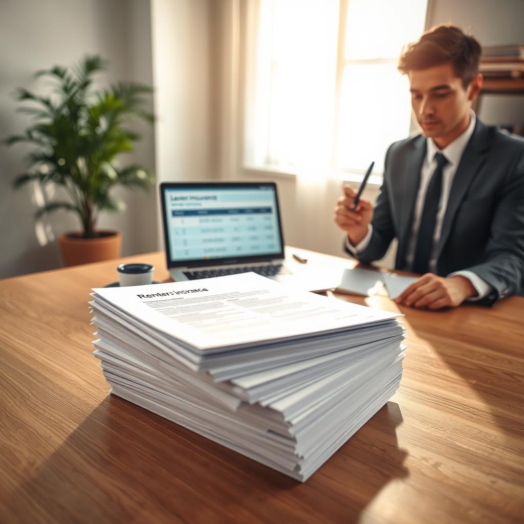 A modern office setting featuring a wooden desk with a neatly organized stack of lease agreement papers marked "Renters Insurance" prominently displayed on top. In the foreground, a professional young adult in business attire reviews the documents, holding a pen and looking thoughtfully at the pages. In the middle, a laptop is open showing a spreadsheet of rental insurance coverage options. Soft natural light filters through a large window, casting gentle shadows and creating a warm, inviting atmosphere. In the background, an indoor plant and a bookshelf filled with legal books add depth to the scene. The overall mood is one of focus and professionalism, emphasizing the importance of understanding renters insurance within lease agreements.